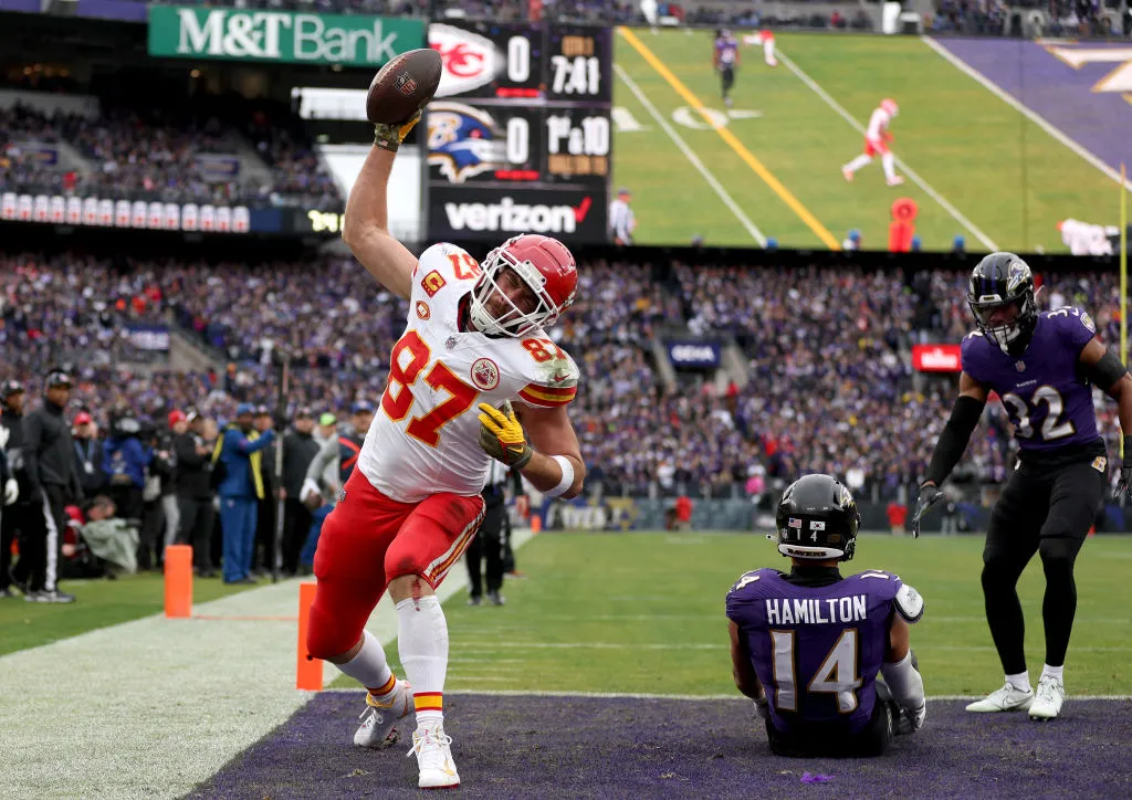 Travis Kelce slams football into the ground after scoring a touchdown vs. the Baltimore Ravens - Getty Images